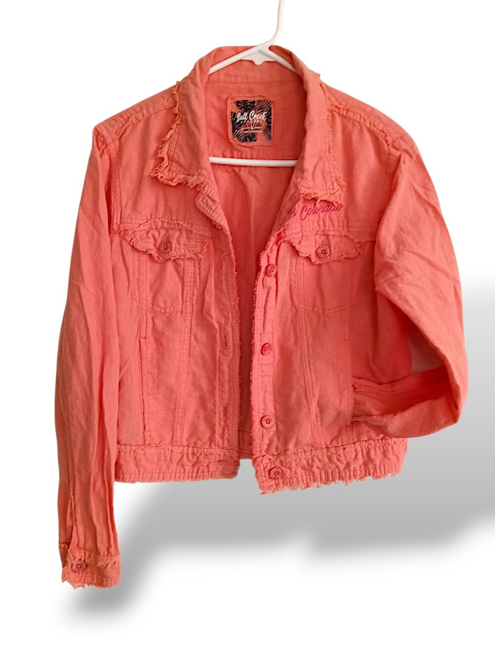 Coral Pink Denim Jacket Frayed Edges Colorado Logo Colorful Lightweight Summer